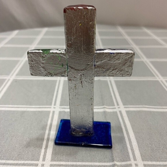Multi Rainbow Color Art Glass Cross Silver Tone Jesus Crucifix Religious Gift - Picture 2 of 4